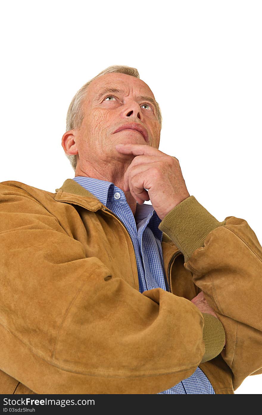 Senior man standing and waiting. Over a white background