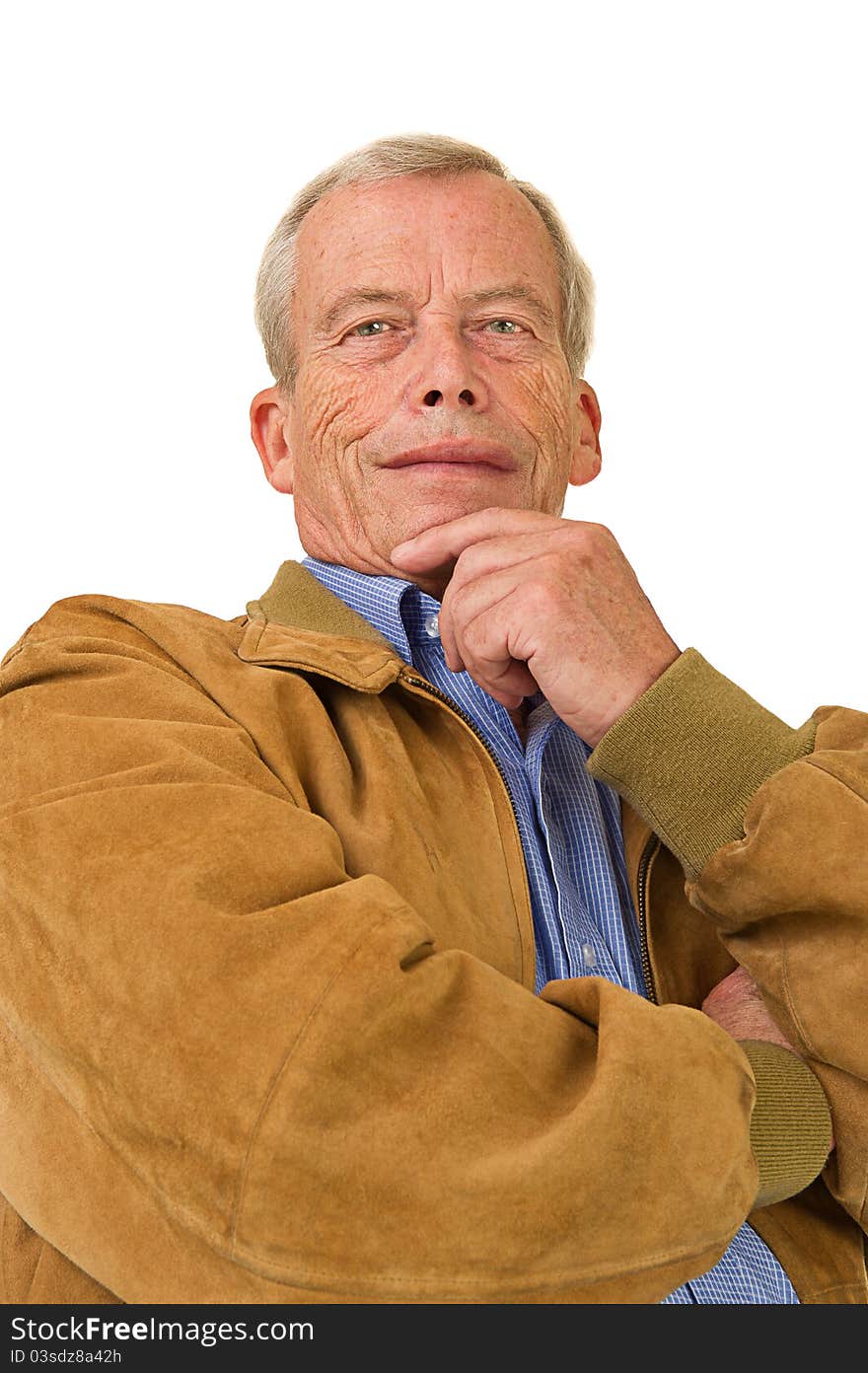 Senior man standing and waiting. Over a white background