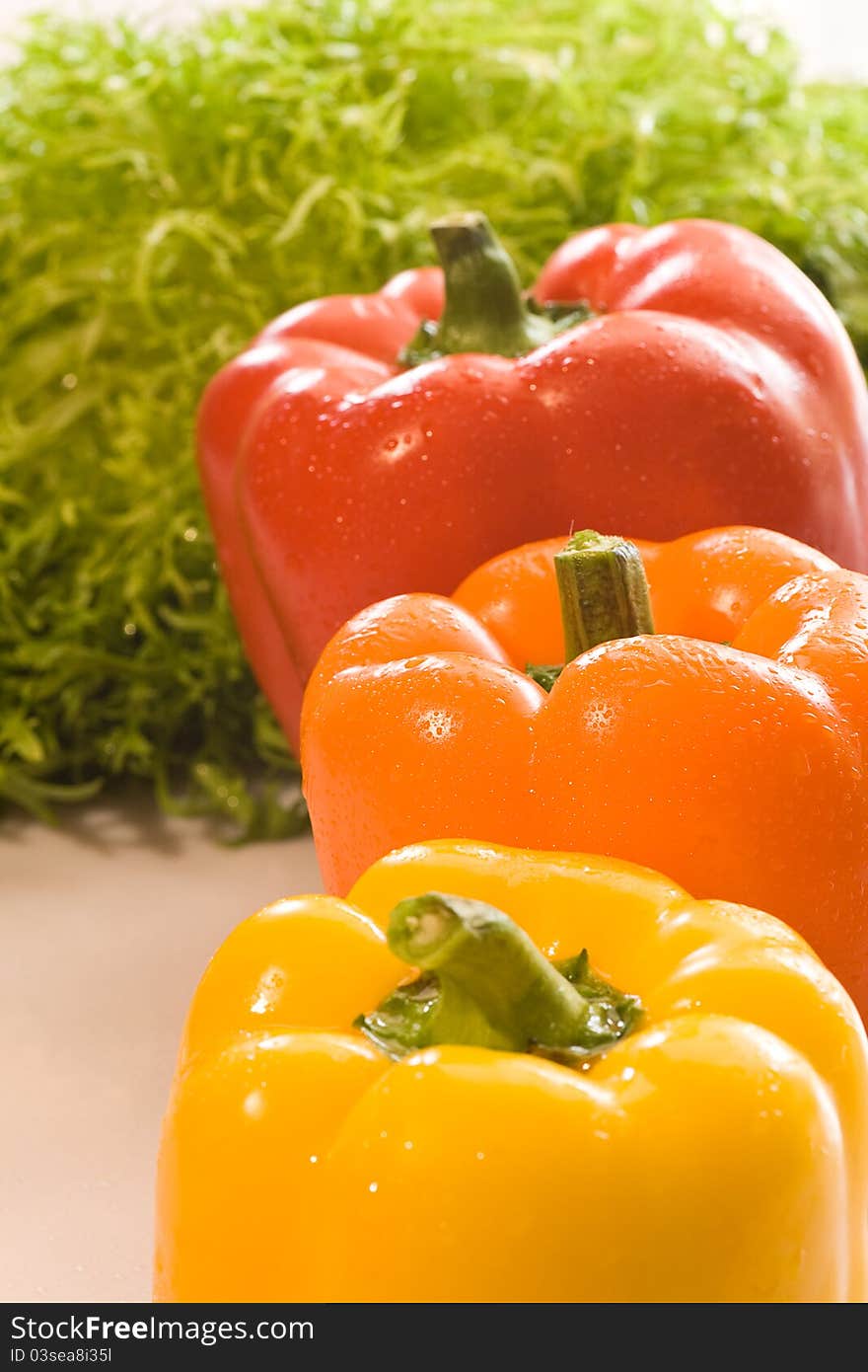 Three fresh peppers with three different colors and a green background