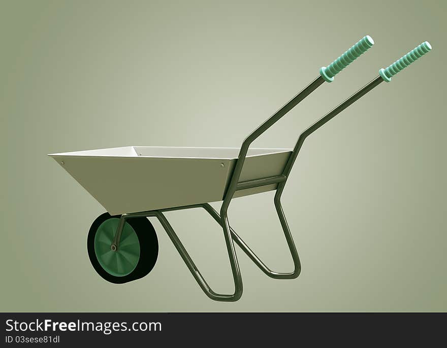 Wheelbarrow chromium model 3d illustration on green background. Wheelbarrow chromium model 3d illustration on green background