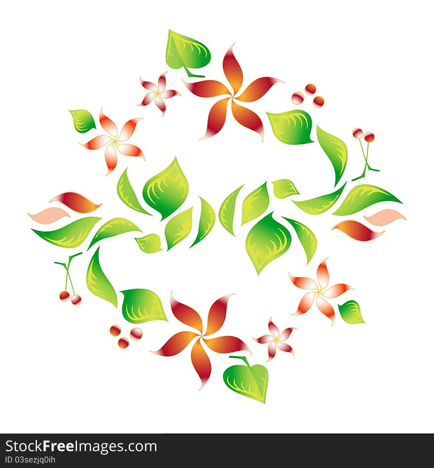 Element of an ornament with foliage, red flowers and cherry, vector. Element of an ornament with foliage, red flowers and cherry, vector