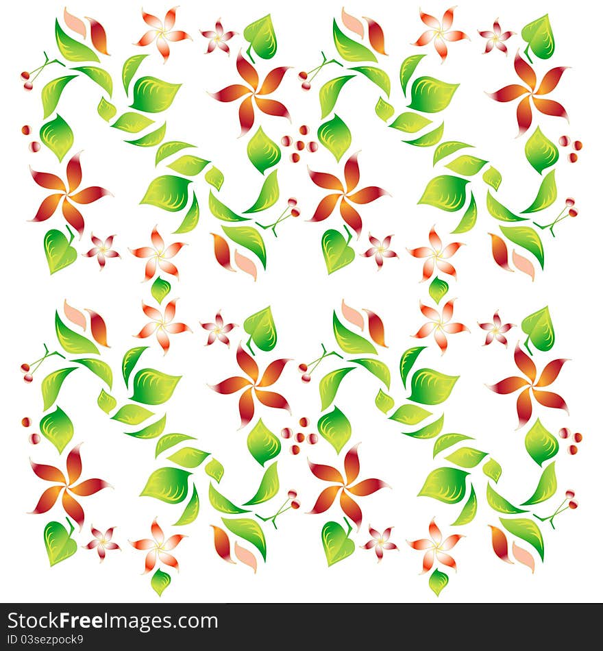 Ornament with foliage, red flowers and cherry, vector