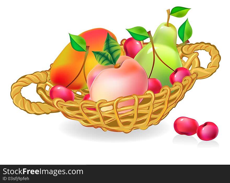 Basket with fruits collection on white background