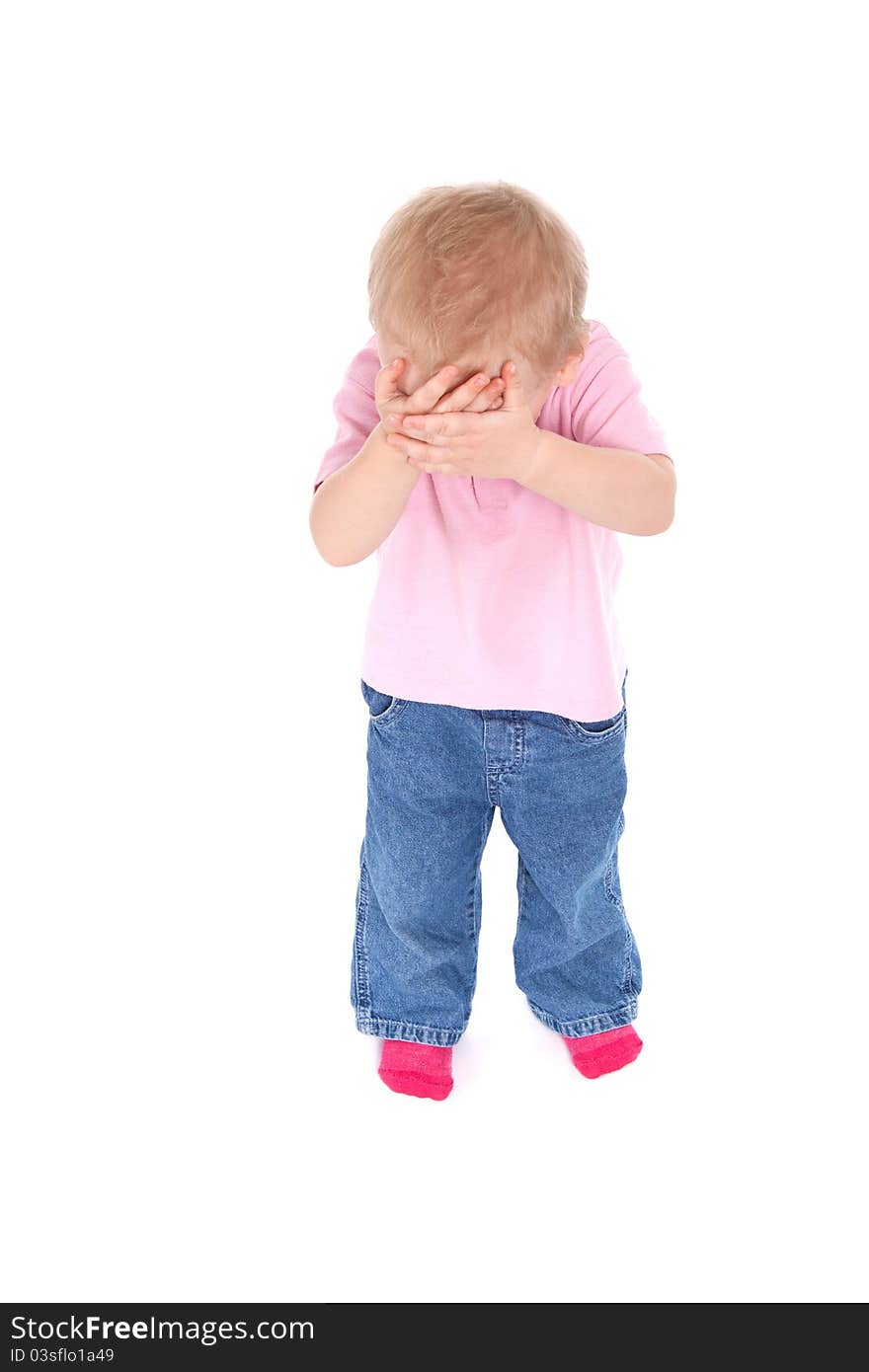 Sad child top view crying over white background. Sad child top view crying over white background