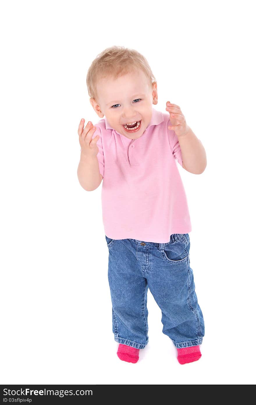 Portrait of happy child isolated on white background, top view. Portrait of happy child isolated on white background, top view