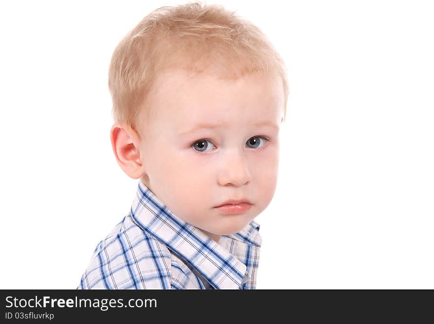 Portrait of sad child over white background, close up. Portrait of sad child over white background, close up