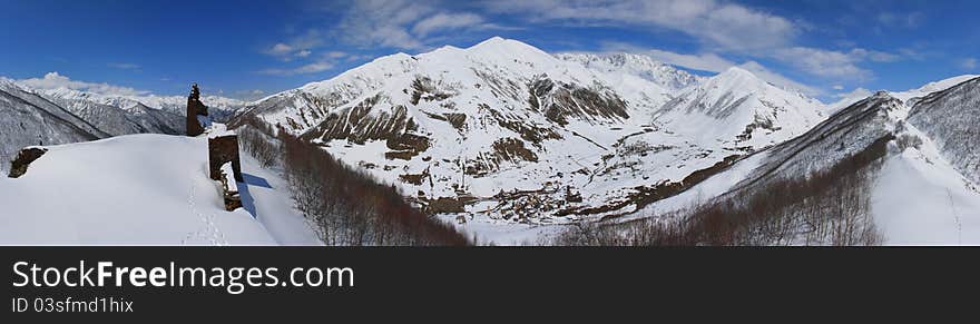 Panorama from Queen Tamar's Summer Tower of Ushguli, Svaneti, Georgia, Europe's highest village at c. 2200m in April 2009. Panorama from Queen Tamar's Summer Tower of Ushguli, Svaneti, Georgia, Europe's highest village at c. 2200m in April 2009