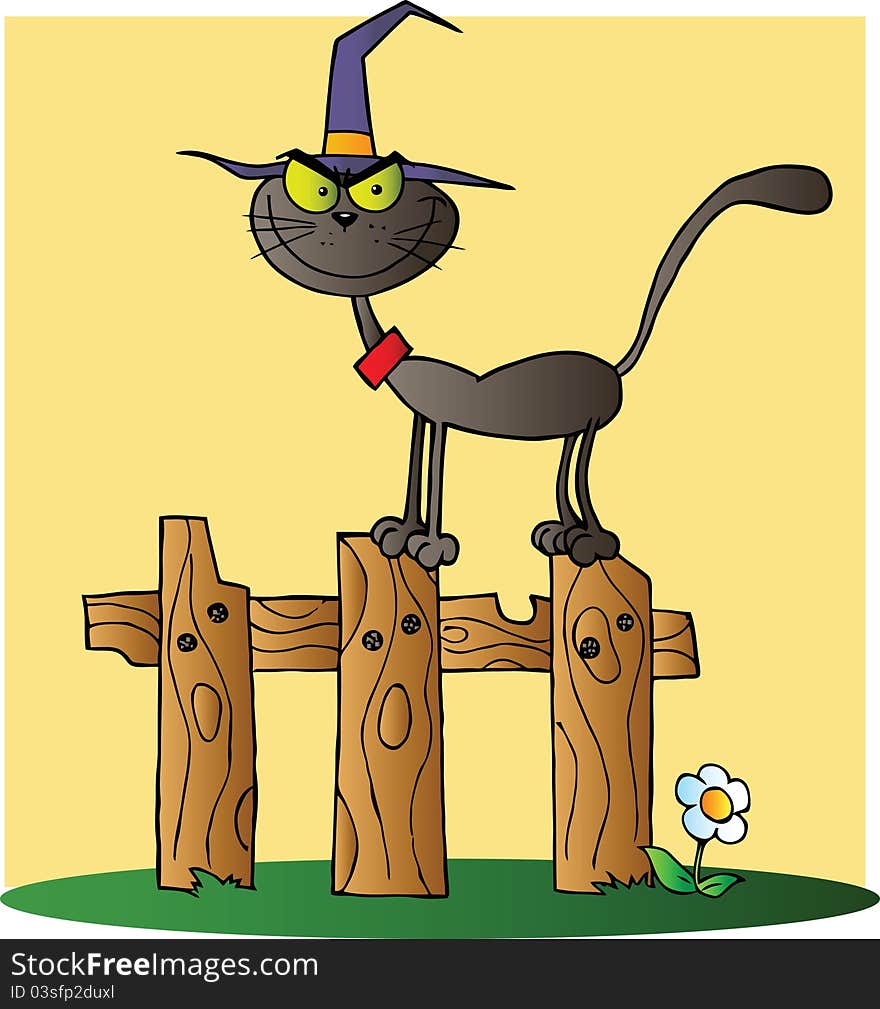 Halloween Witch Cat On A Fence Over Yellow