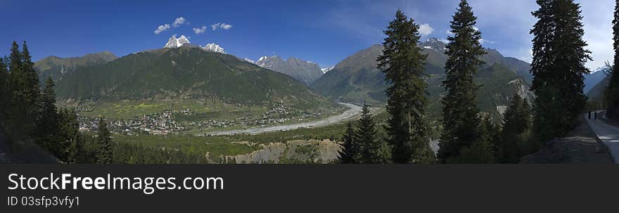 Panorama of Mt. Ushba and Mestia, capital town of Svaneti, Georgia, September 2010. Panorama of Mt. Ushba and Mestia, capital town of Svaneti, Georgia, September 2010