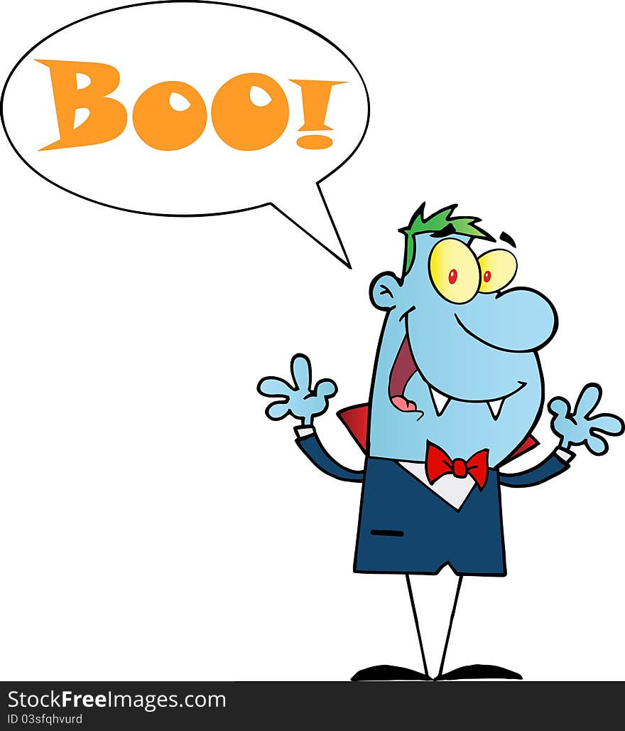 Happy vampire holding up his arms with speech bubble and text boo. Happy vampire holding up his arms with speech bubble and text boo