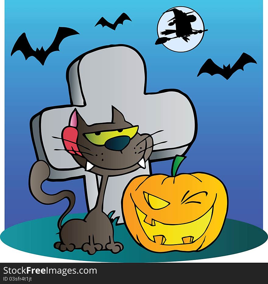 Black cat and halloween jackolantern by a tombstone