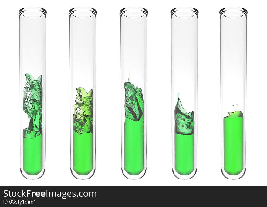 High quality rendering of scientific test tubes with wavy green liquid inside. High quality rendering of scientific test tubes with wavy green liquid inside