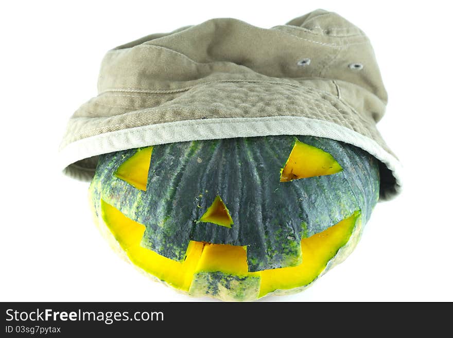 Evil Halloween pumpkin on white background