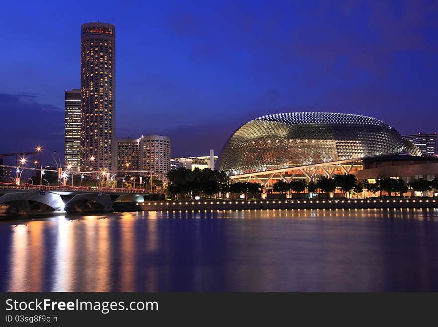 Esplanade Theater with city hall at dusk, Singapore