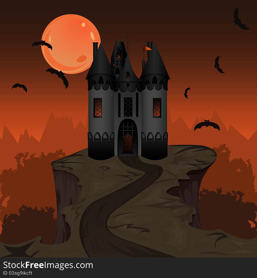 Halloween landscape with dark castle. Halloween landscape with dark castle