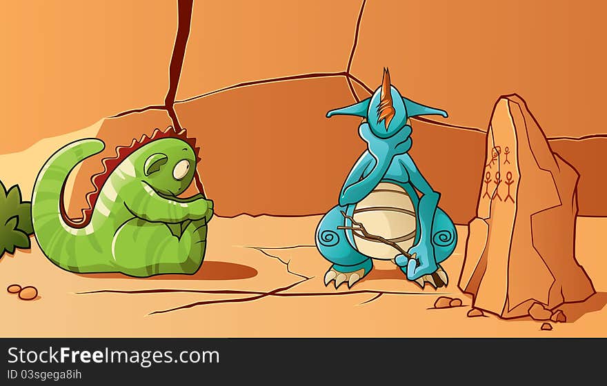 Learning process. Two funny character, a dragon on the background of rocks. Learning process. Two funny character, a dragon on the background of rocks.