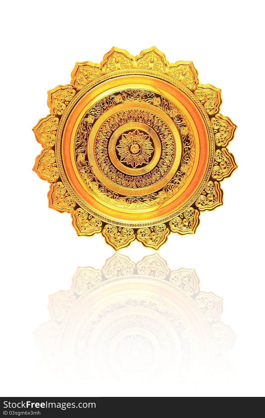 Top view of a golden tray with pedestal on isolated white background