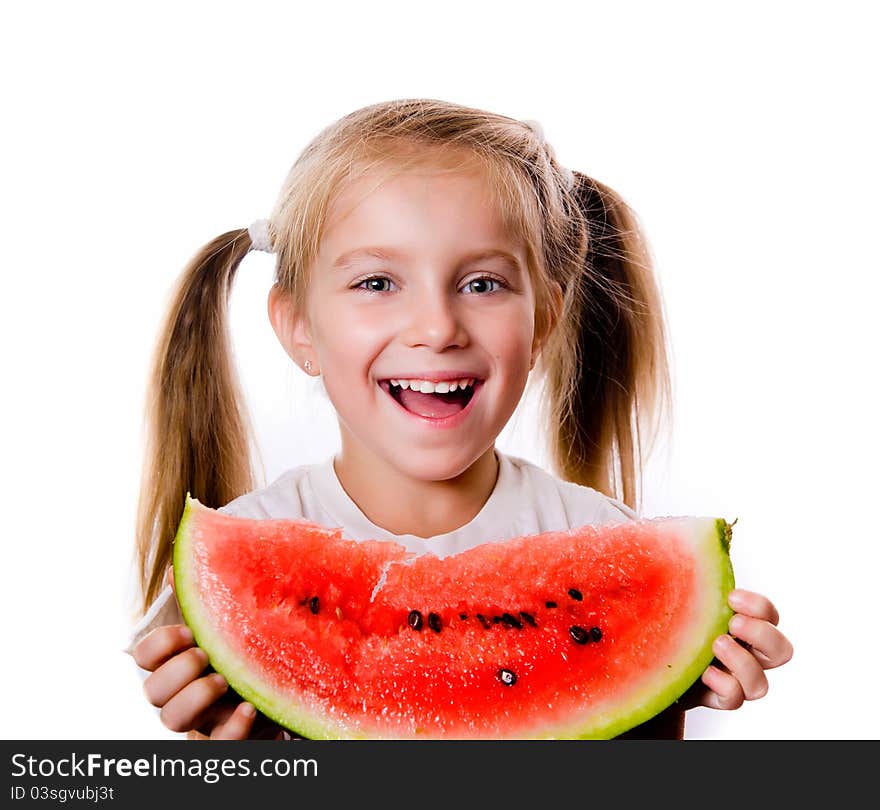 Little Girl Eating Big Piece Of Watermelon