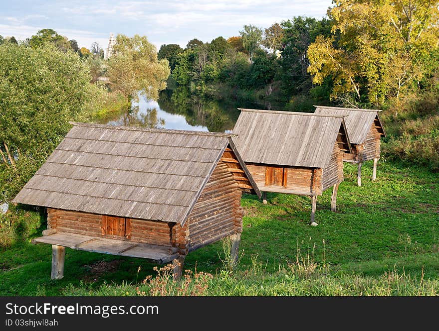 Barns on stilts, the Museum of Wooden Masterpieces in the ancient town of Suzdal. Barns on stilts, the Museum of Wooden Masterpieces in the ancient town of Suzdal