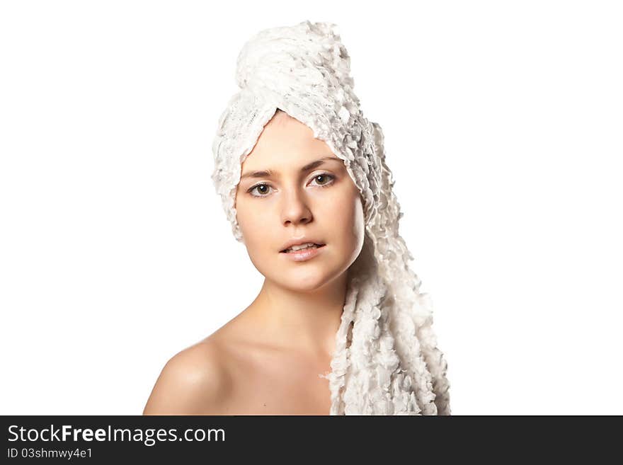 Woman Wrapped Towel On White Backgrou