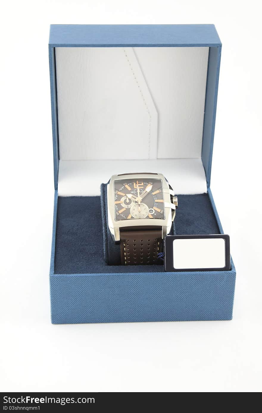 Wrist watch in blue box. Wrist watch in blue box.