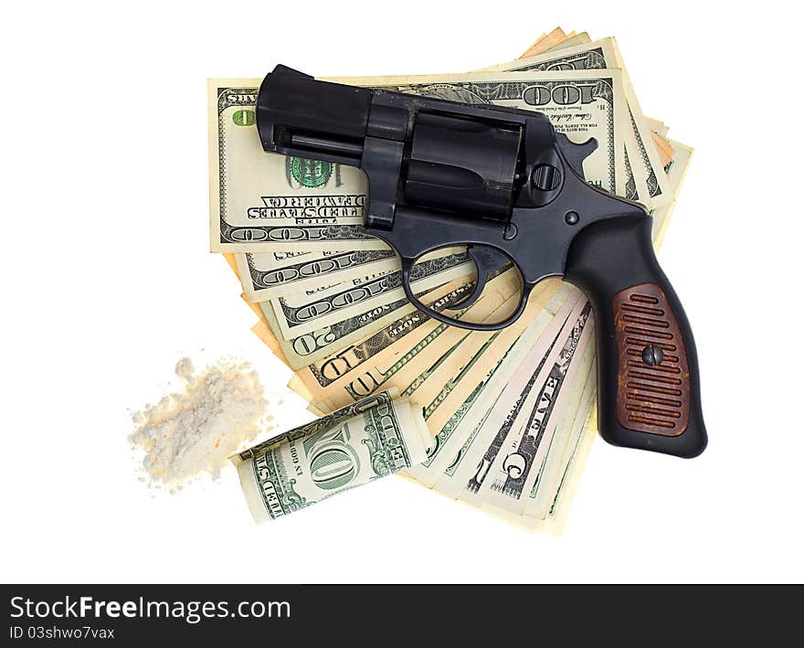 Handcuffs, gun and money isolated on a white background