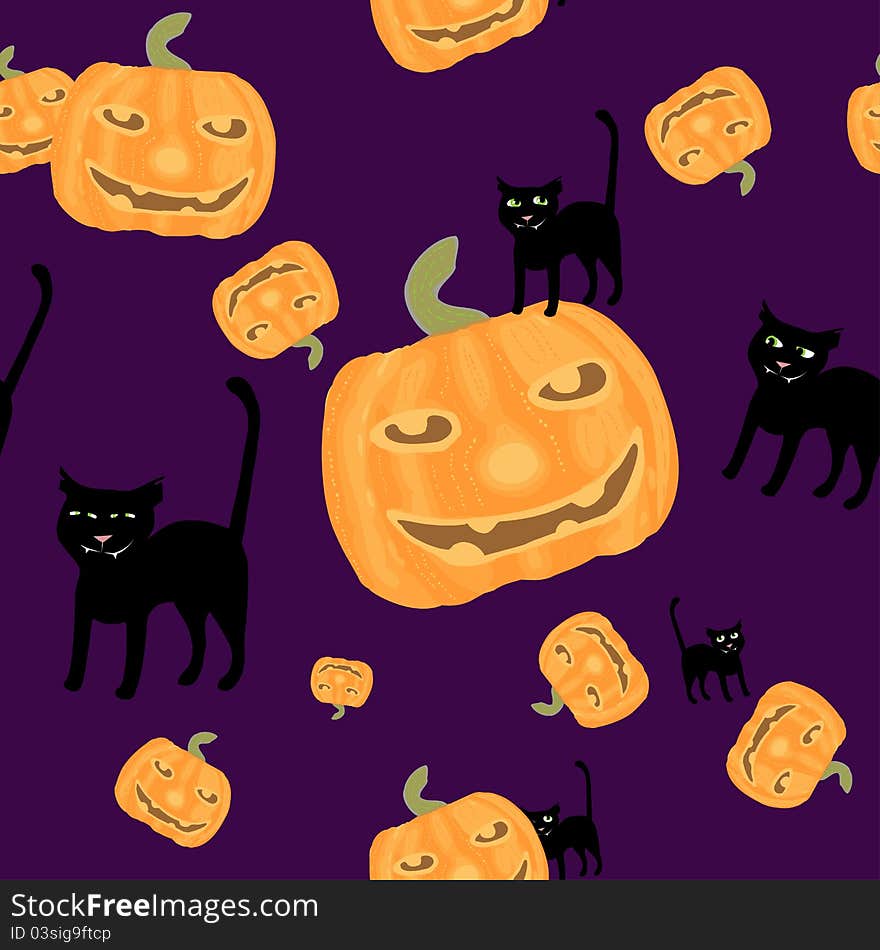 Halloween Background Black Cat And Pumpkins