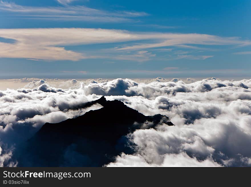 View of the clouds with the peak of Mount