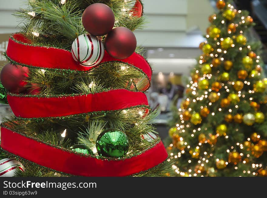 Christmas tree with ribbon and ornaments