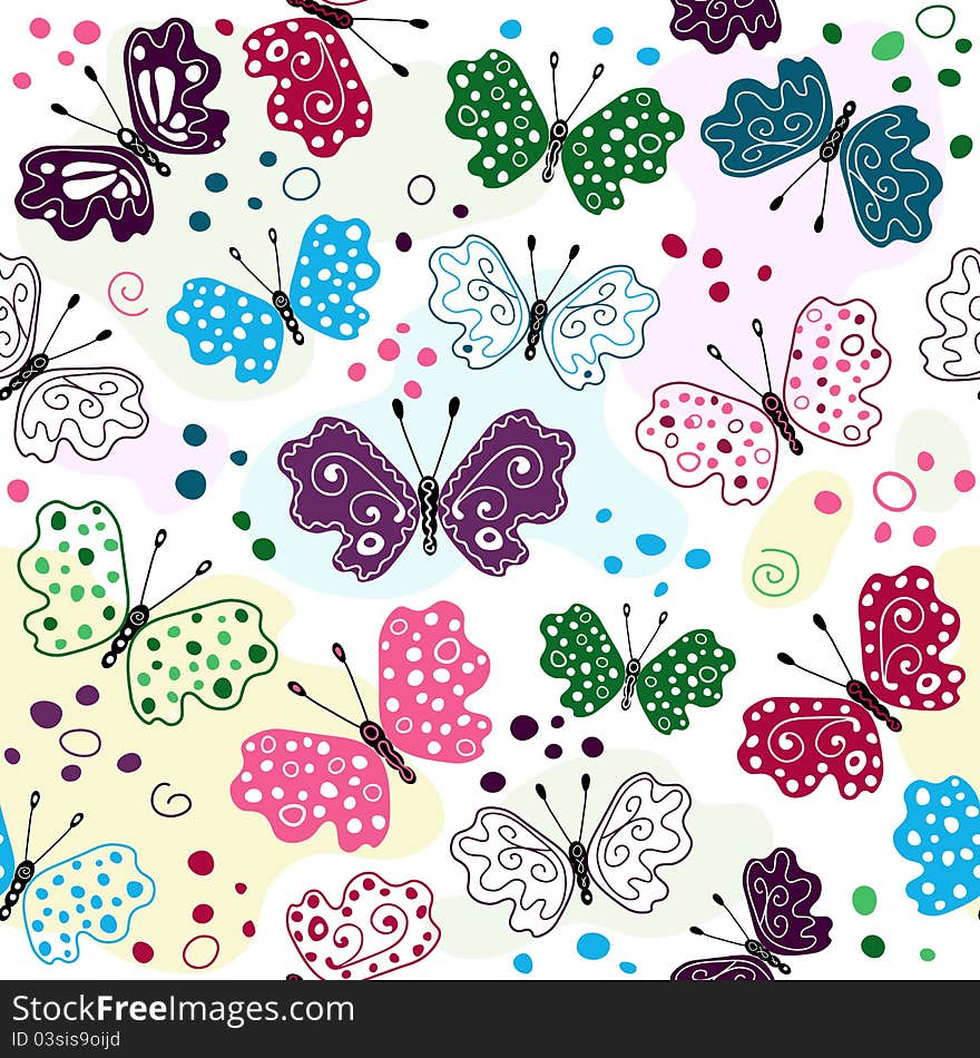 White seamless pattern with colorful butterflies and spots