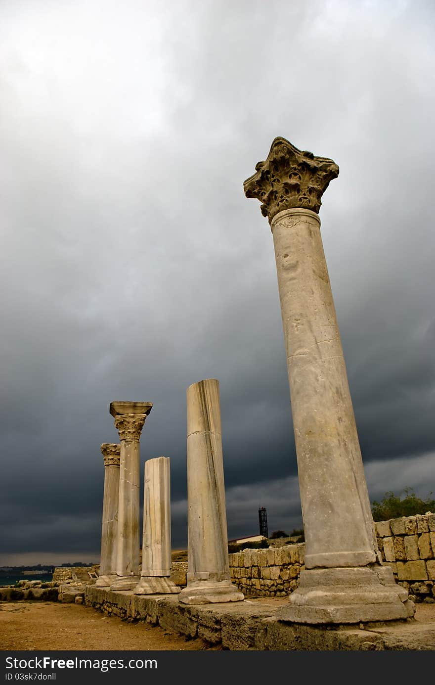 Ancient Greek columns on the Chersonese in the storm