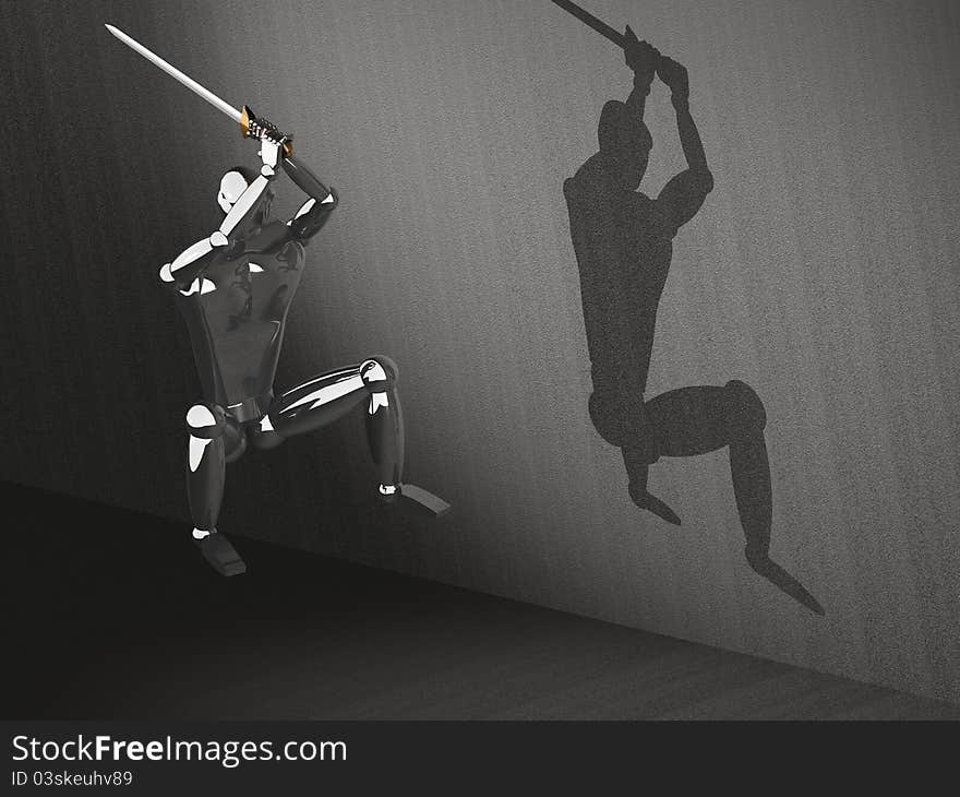 3D image of a warrior attacking in high jump with sword. 3D image of a warrior attacking in high jump with sword