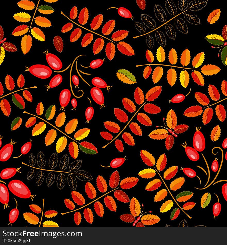 Autumn seamless black floral pattern with vivid leaves and berries. Autumn seamless black floral pattern with vivid leaves and berries