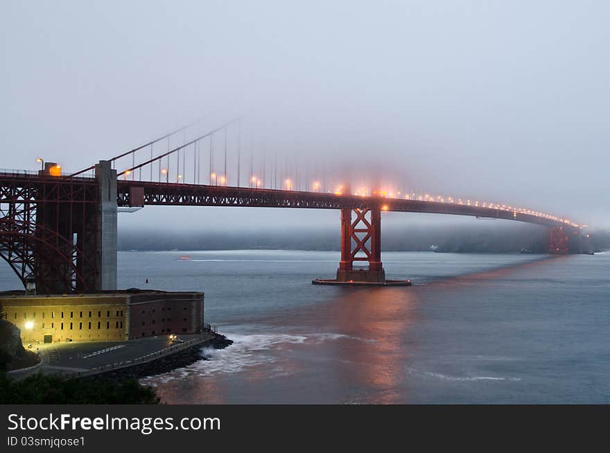 Taken from Marina side of the bay, during sunset and fog covering most of the bridge. Taken from Marina side of the bay, during sunset and fog covering most of the bridge