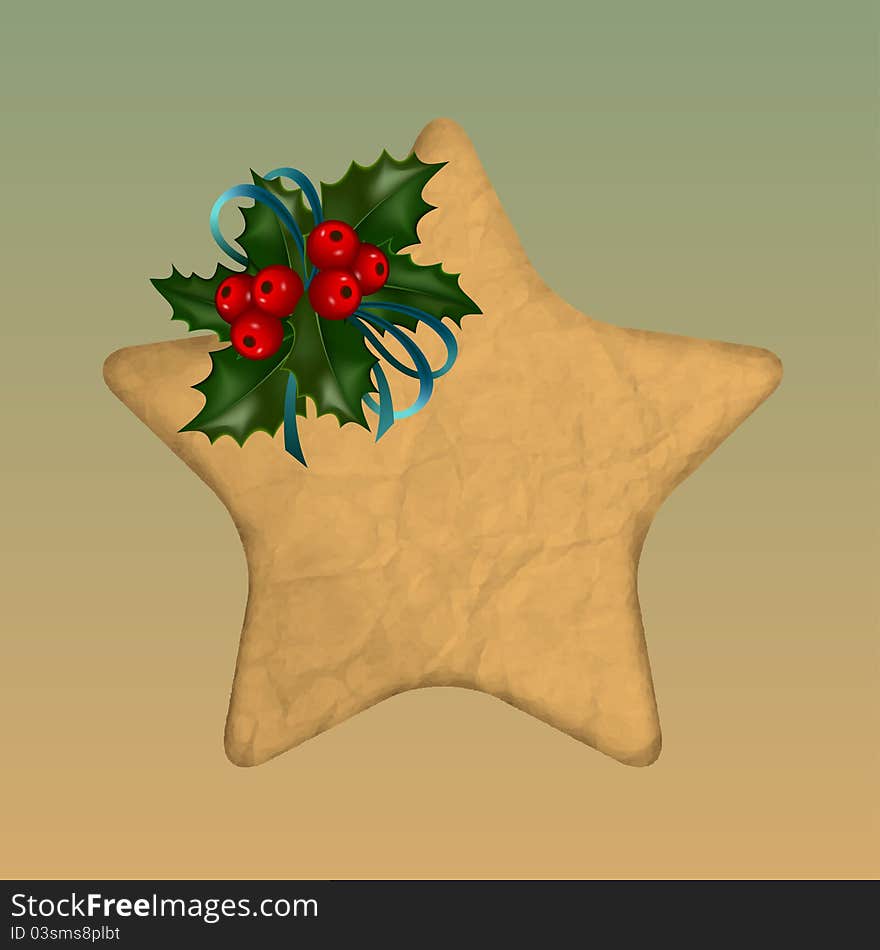 Paper vector star decorated with holly. Paper vector star decorated with holly