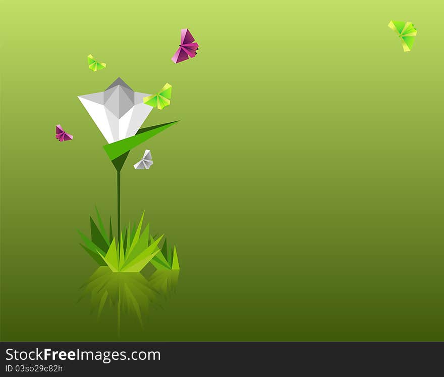 Origami  abstract background. Paper butterflies and flower. Origami  abstract background. Paper butterflies and flower.