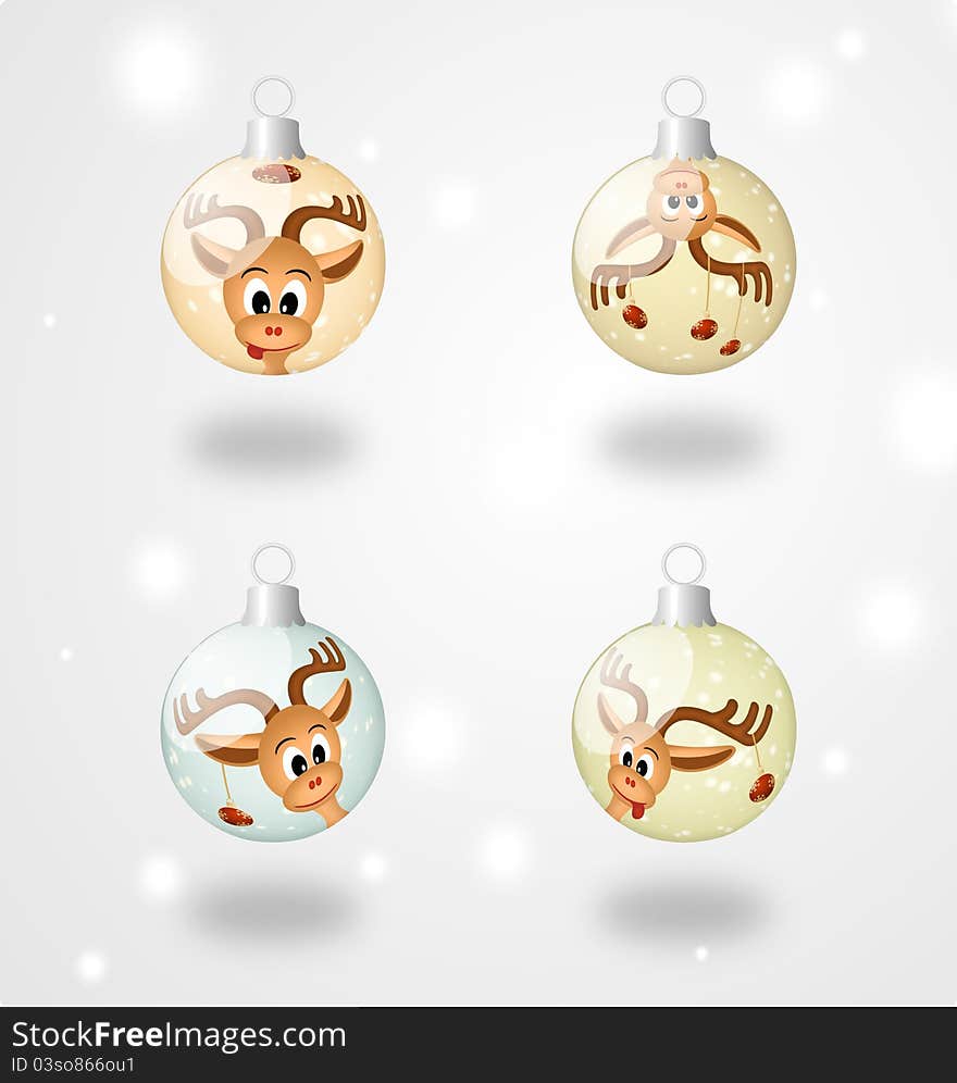 Four Christmas Ball With Funny  Reindeer