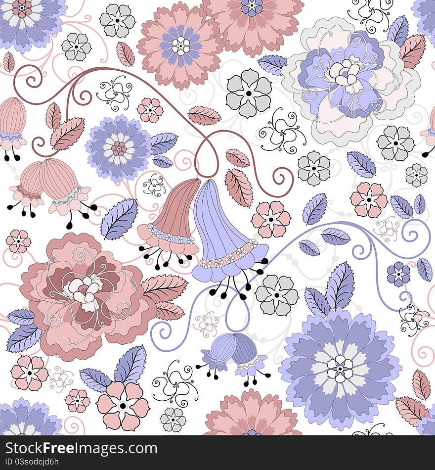 Gentle white seamless pastel floral pattern with pink and blue flowers