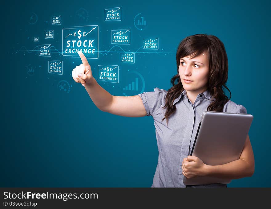 Woman pressing modern business type of buttons