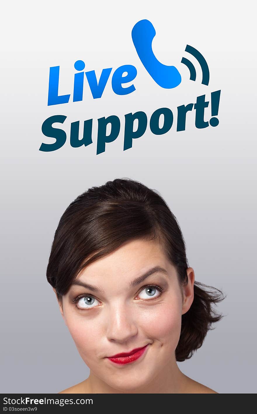 Young girl head looking with gesture at support contact type of icons and signs. Young girl head looking with gesture at support contact type of icons and signs