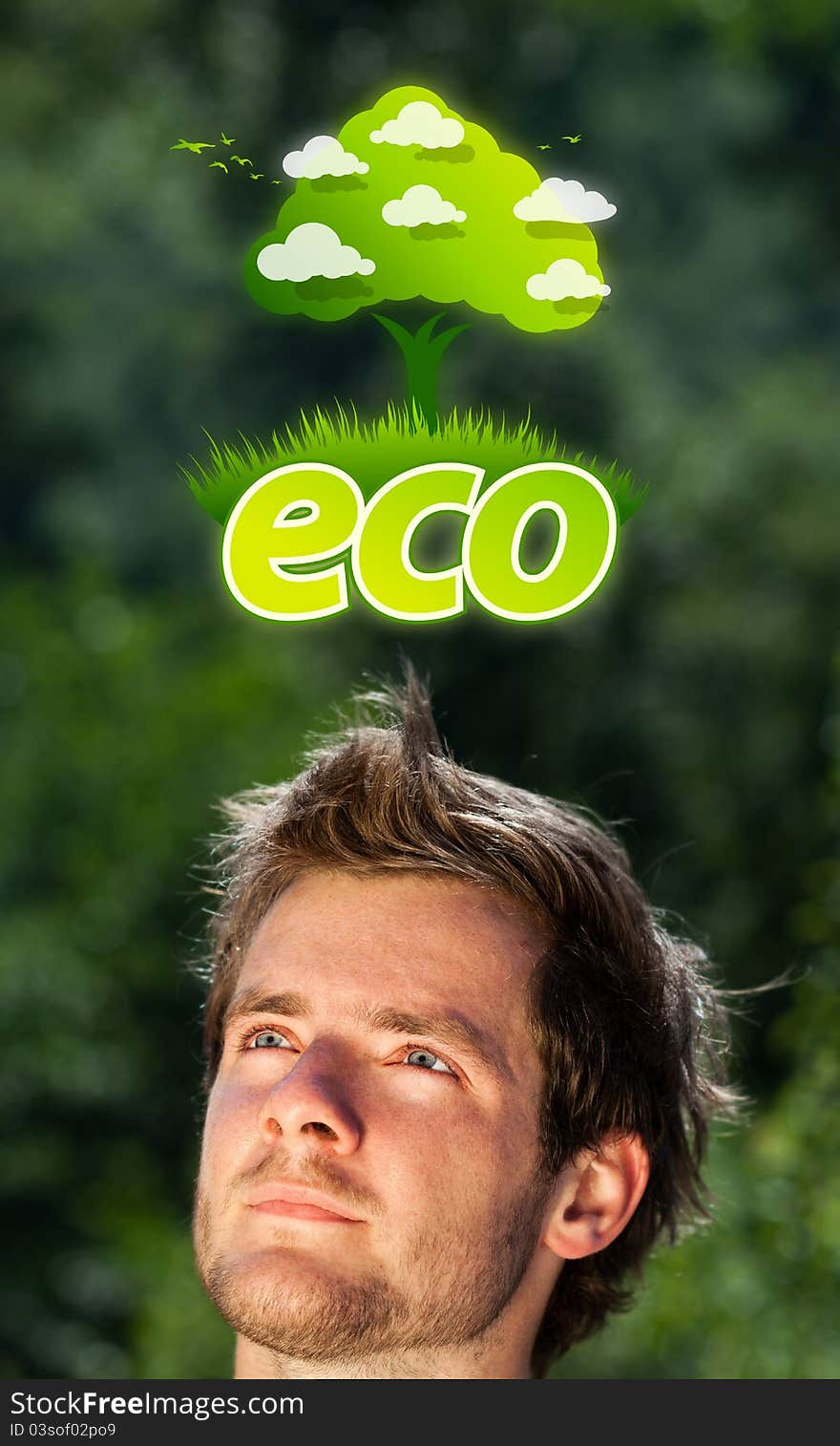 Young persons head looking at green eco sign. Young persons head looking at green eco sign