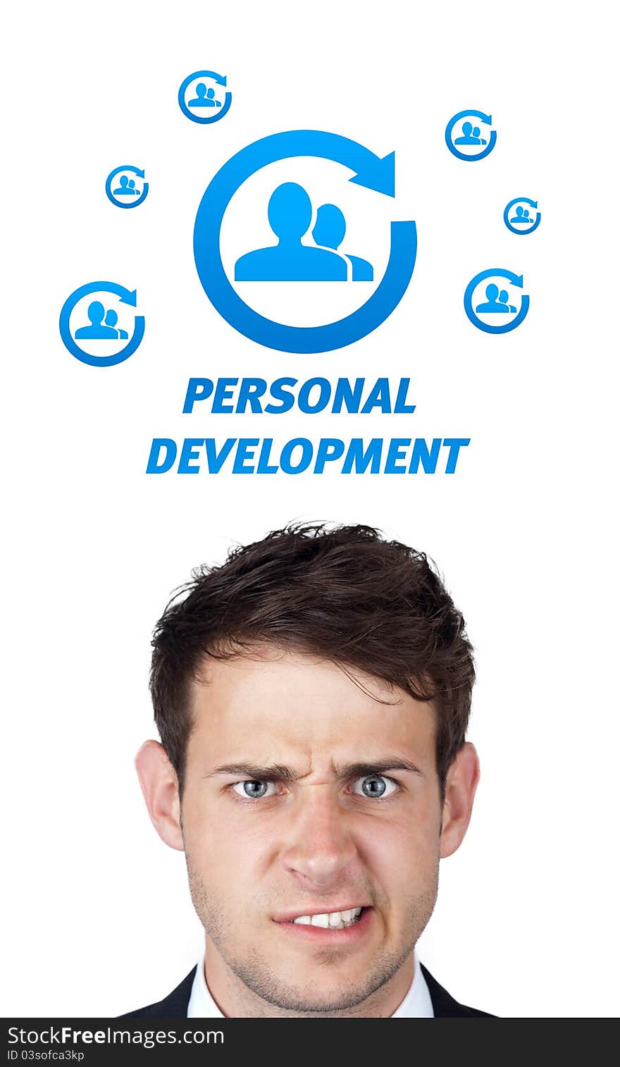 Young persons head looking with gesture at labor type of icons. Young persons head looking with gesture at labor type of icons