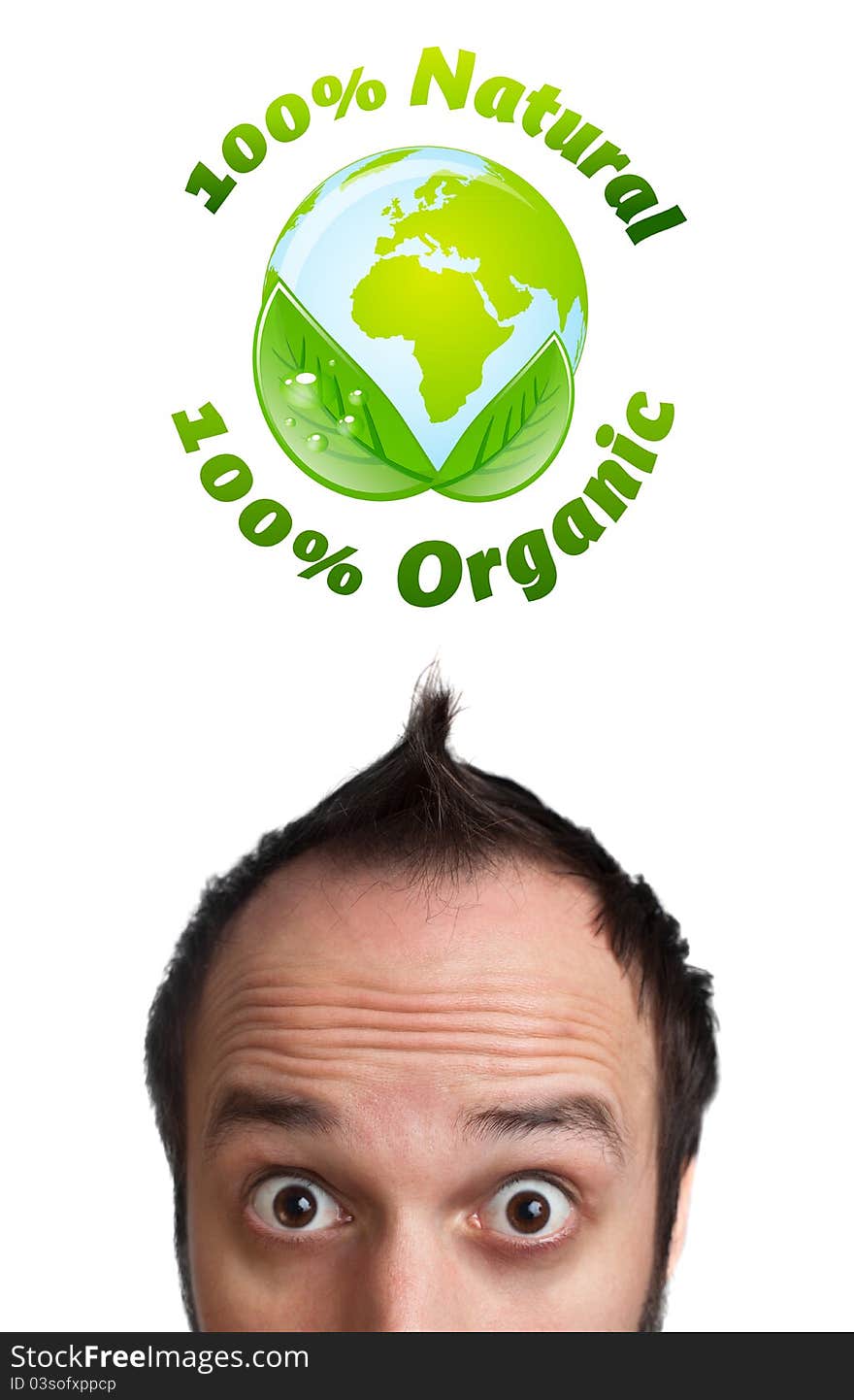 Young head looking at green eco sign