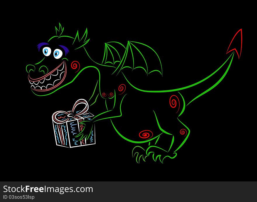 Funny dragon on a black background, oriental calendar