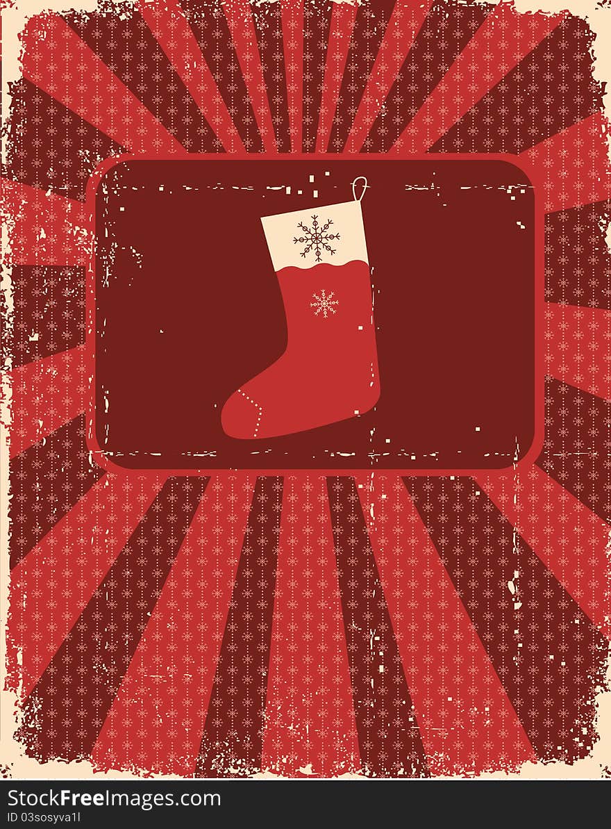 Vintage christmas card on old paper texture with holiday sock for design