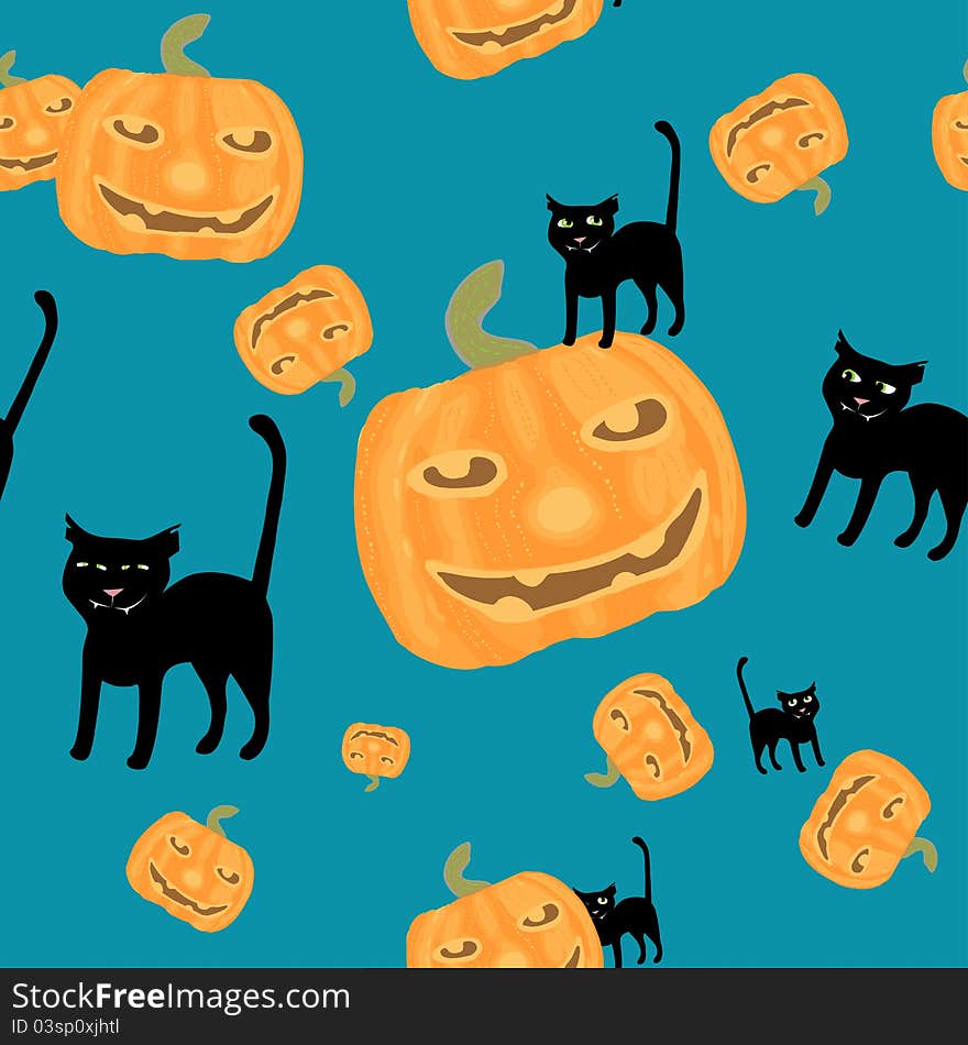 Halloween background black cat and pumpkins