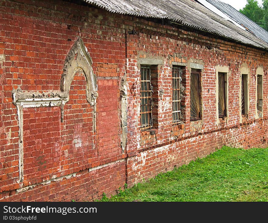 Brick wall of the church premises. Great Novgorod. Russia.