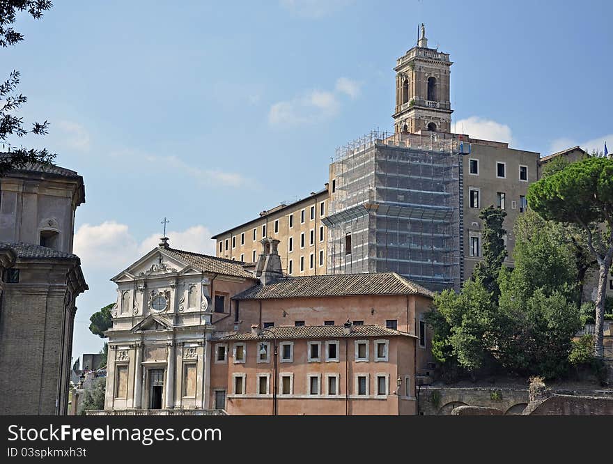 Trajan statue architecture near Victor Emanuel monument in historical center of Rome. Trajan statue architecture near Victor Emanuel monument in historical center of Rome