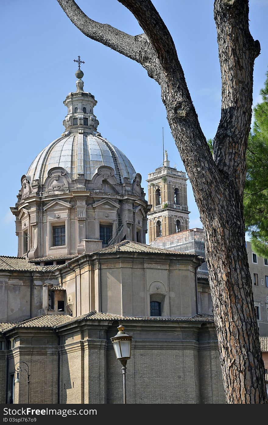 Tower church architecture at Victor Emanuel monument in historical center of Rome. Tower church architecture at Victor Emanuel monument in historical center of Rome