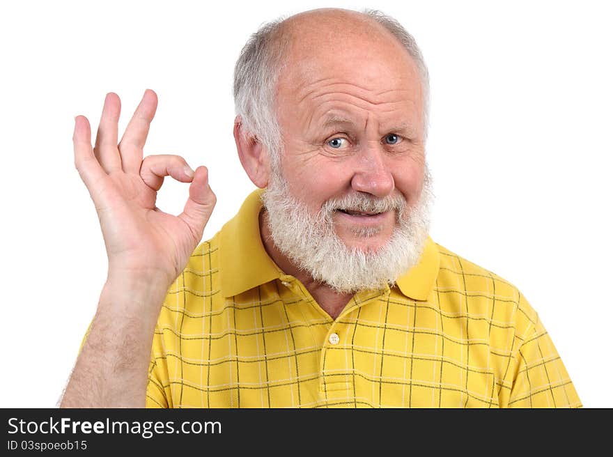 Senior funny bald man in yellow t-shirt is shows gestures and grimaces. Senior funny bald man in yellow t-shirt is shows gestures and grimaces